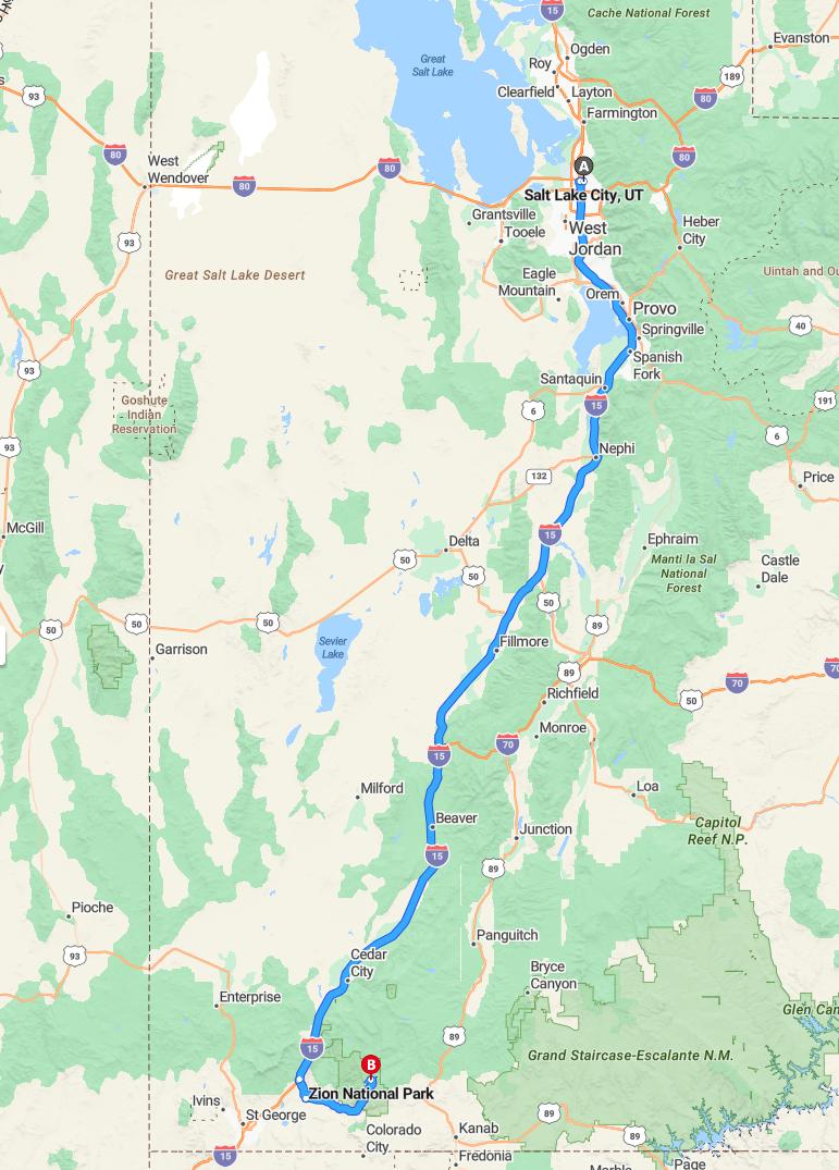 driving from Salt Lake City, Utah to Zion -Utah - map and route