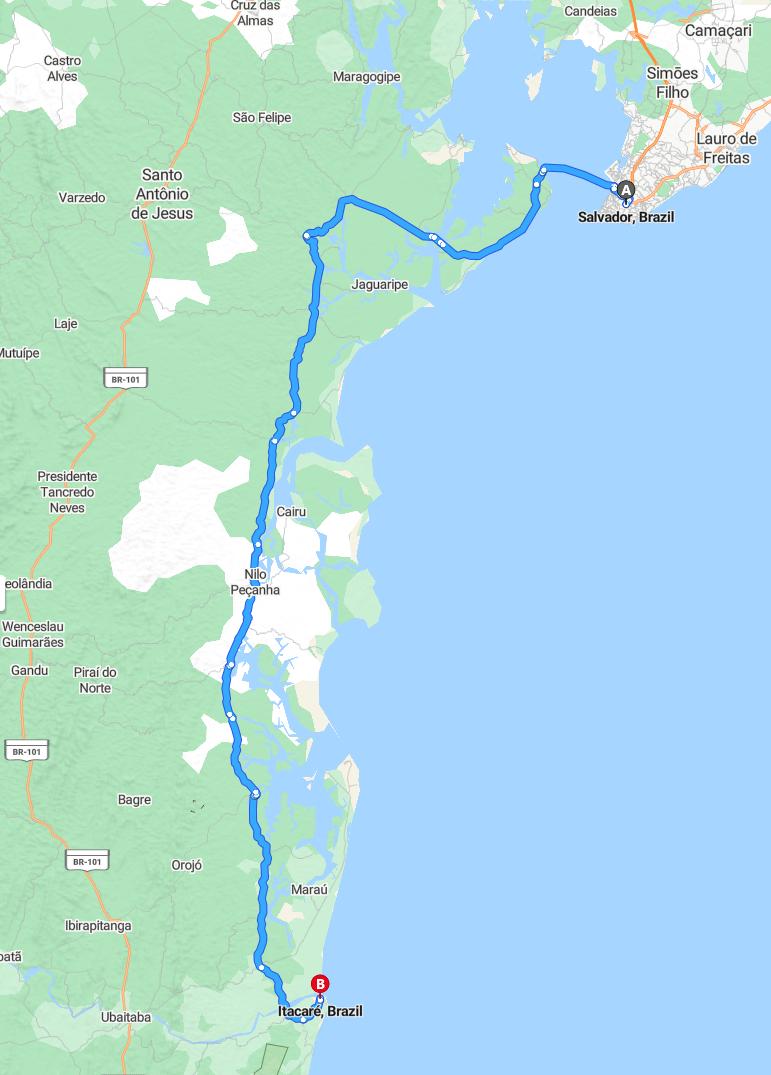 driving from Salvador, Bahia to ItacareBahia - map and route
