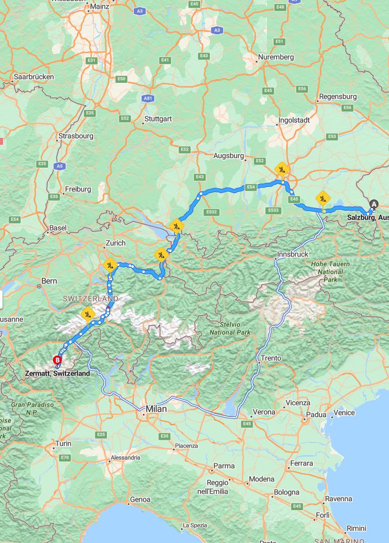 driving from Salzburg, Salzburg to ZermattValais - map and route