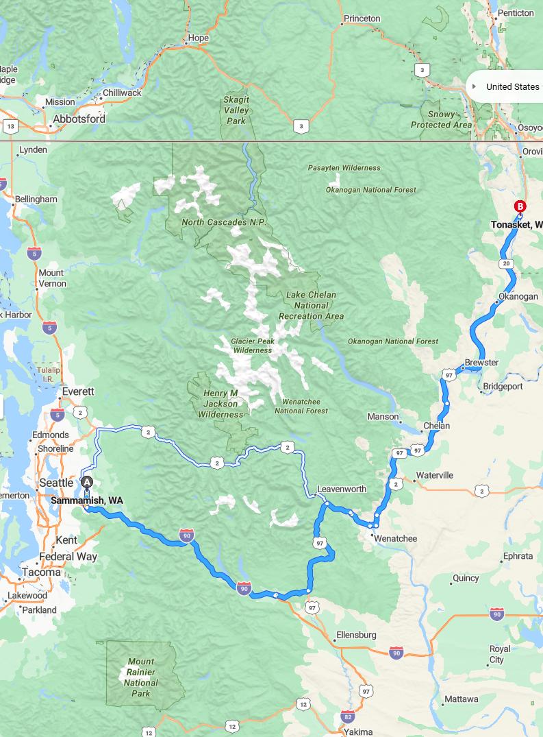 driving from Sammamish, Washington to TonasketWashington - map and route
