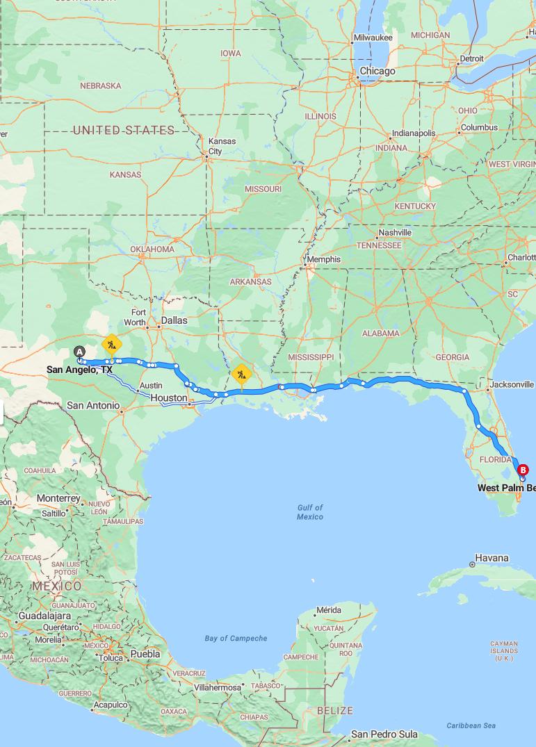 driving from San Angelo, Texas to West Palm BeachFlorida - map and route