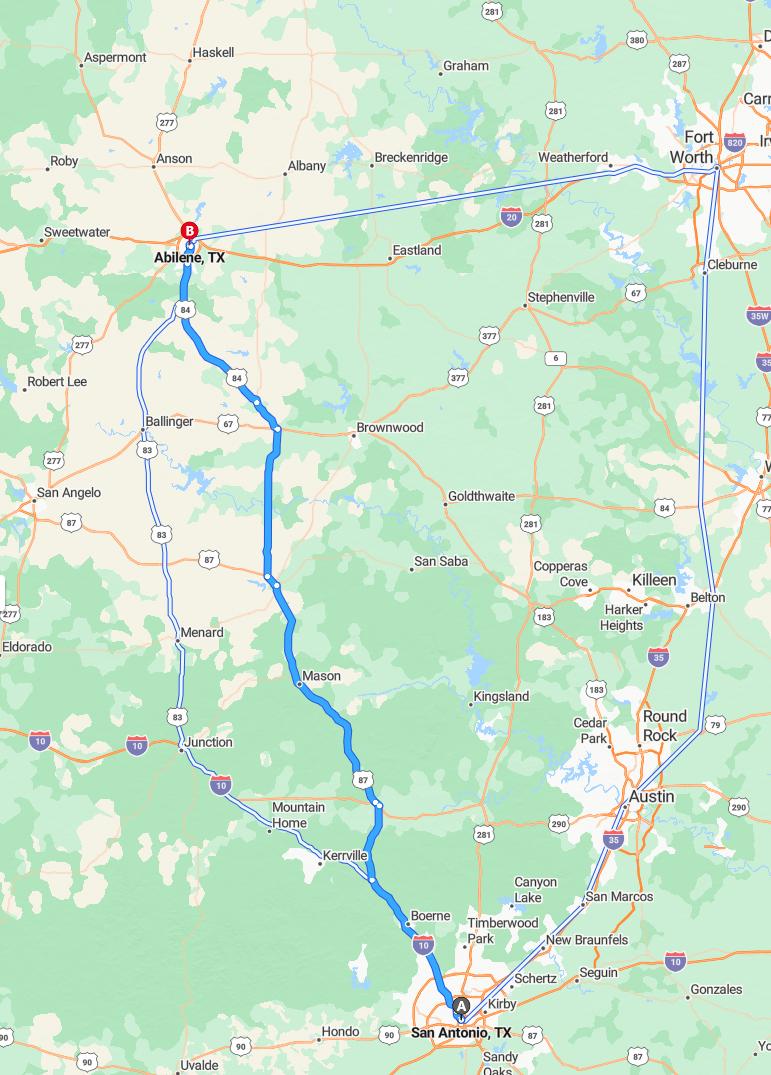 driving from San Antonio, Texas to AbileneTexas - map and route
