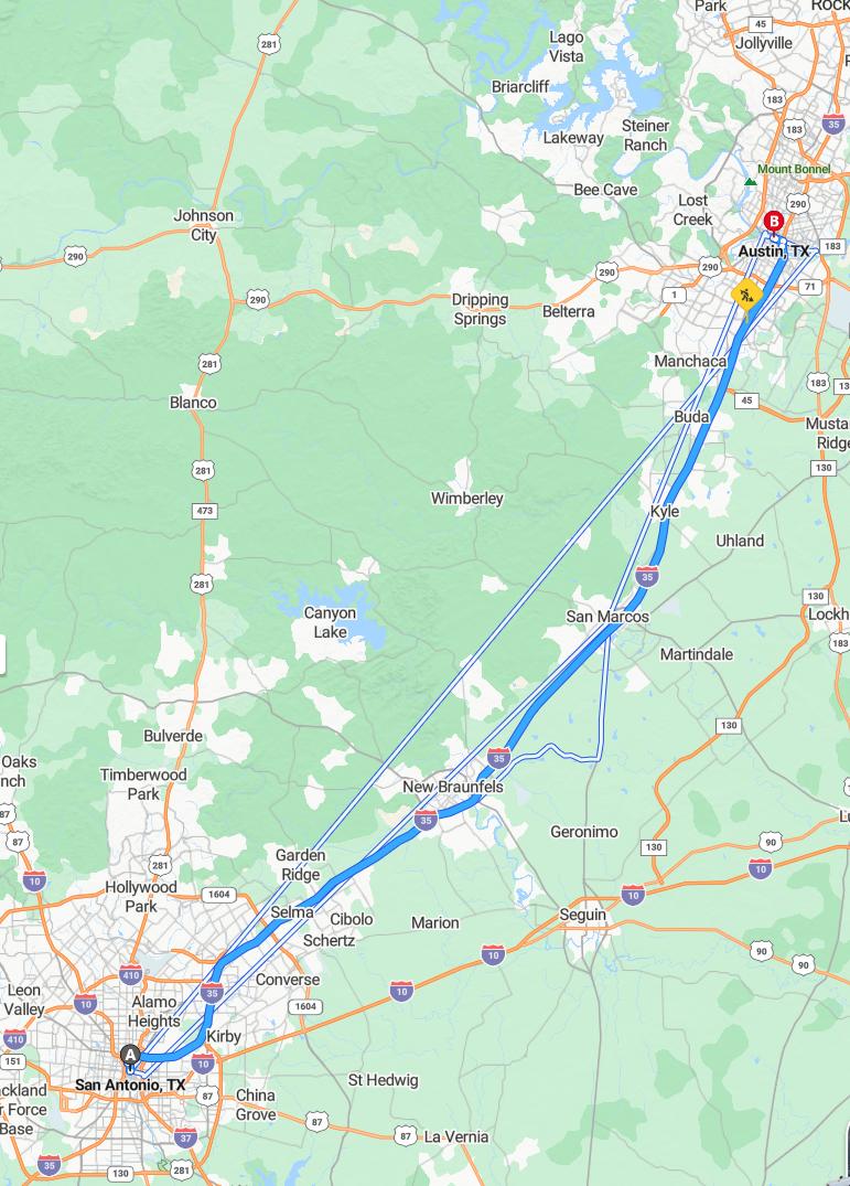 driving from San Antonio, Texas to AustinTexas - map and route