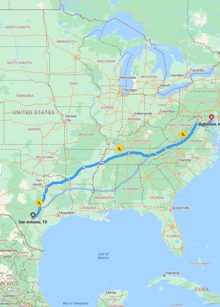 driving from San Antonio, Texas to BaltimoreMaryland - map and route