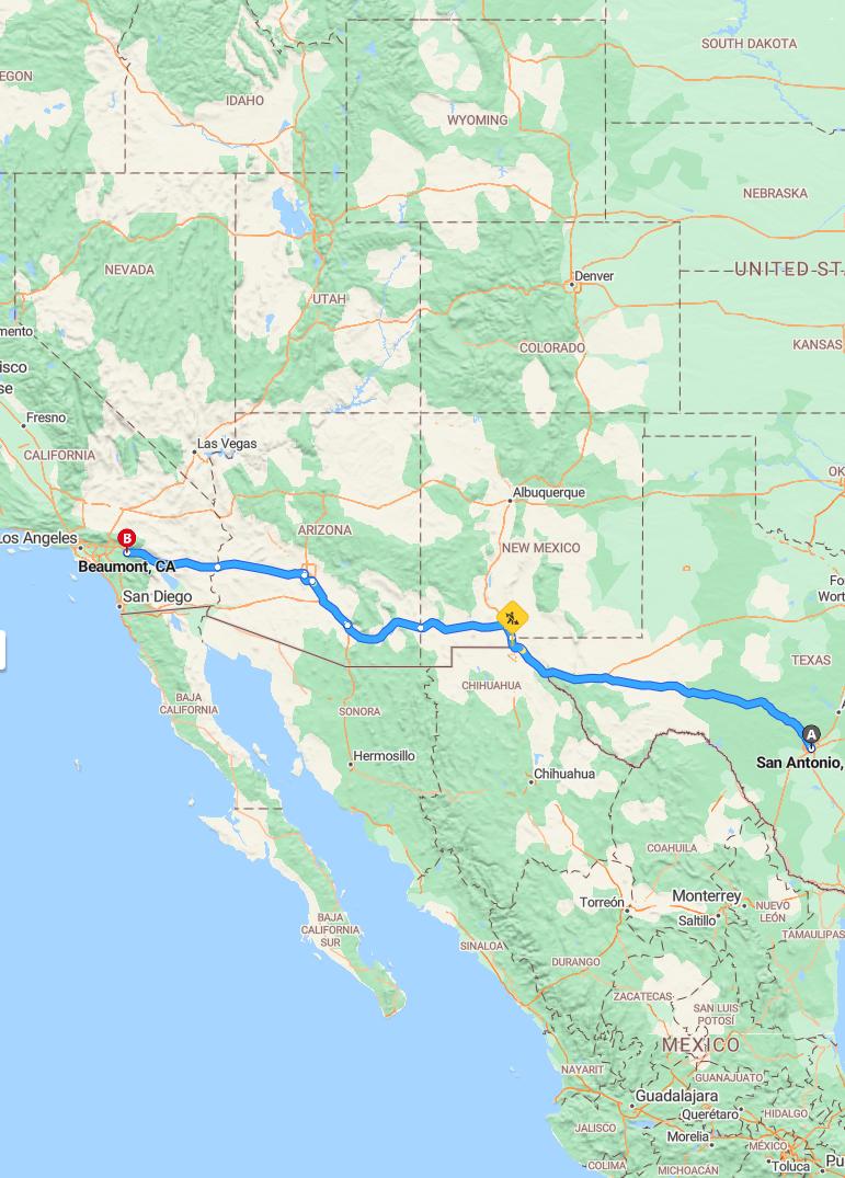 driving from San Antonio, Texas to BeaumontCalifornia - map and route