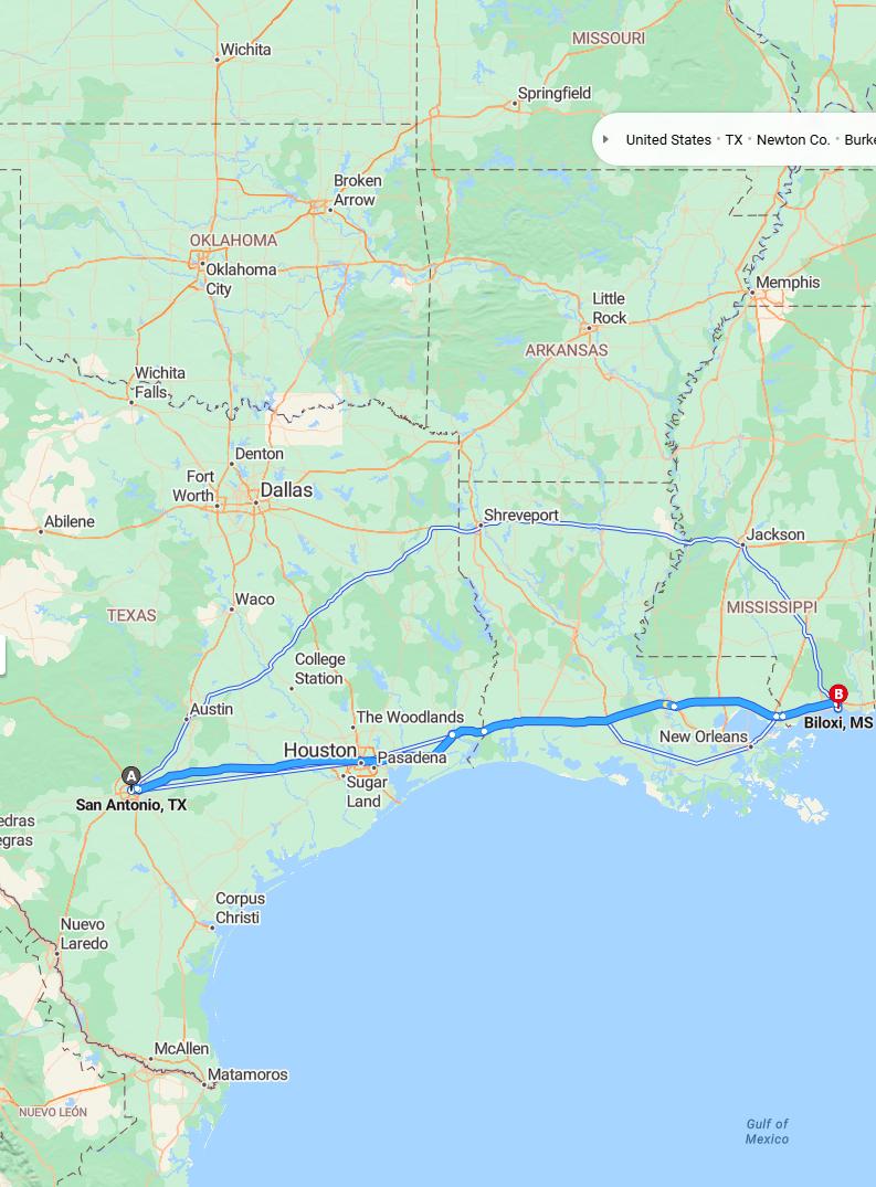 driving from San Antonio, Texas to BiloxiMississippi - map and route