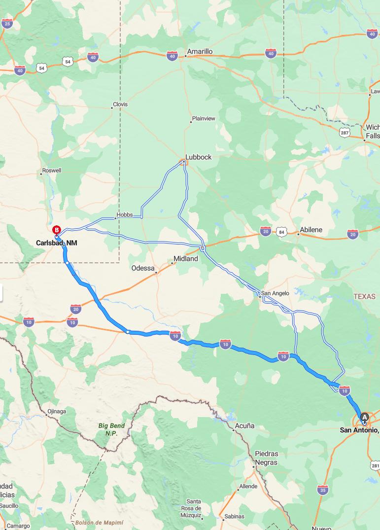 driving from San Antonio, Texas to CarlsbadNew Mexico - map and route