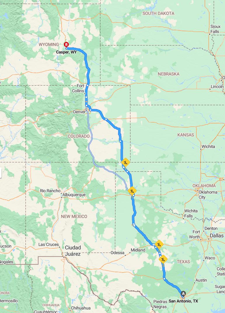 driving from San Antonio, Texas to CasperWyoming - map and route