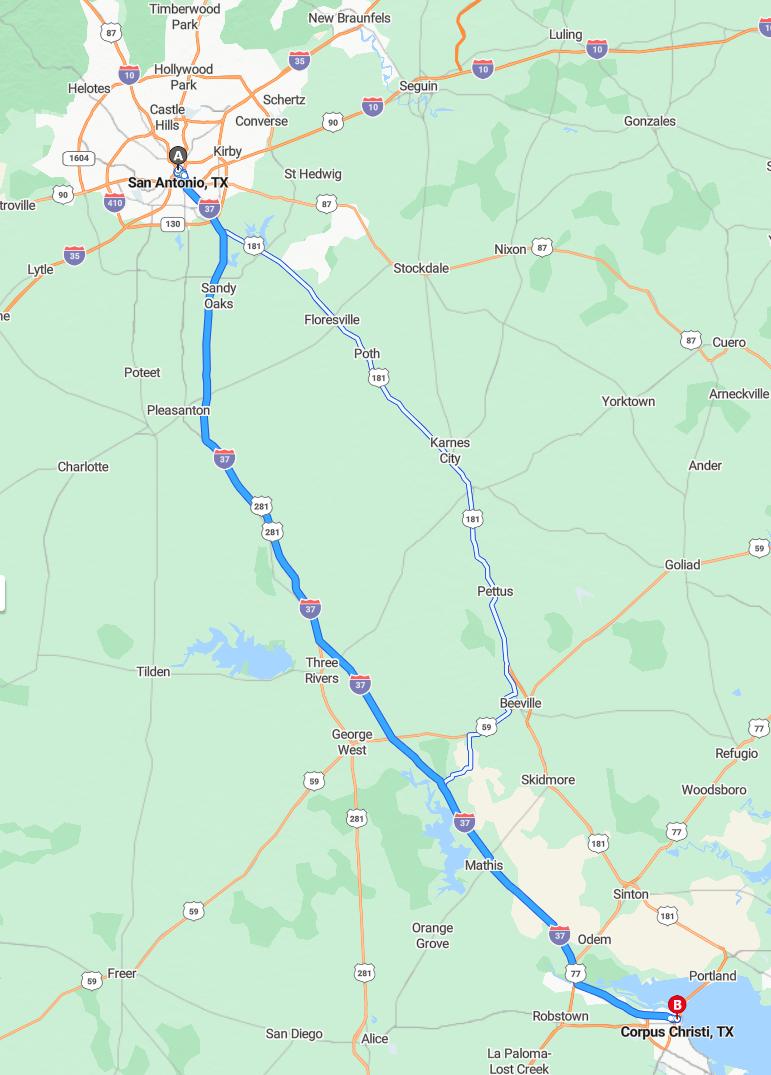 driving from San Antonio, Texas to Corpus ChristiTexas - map and route