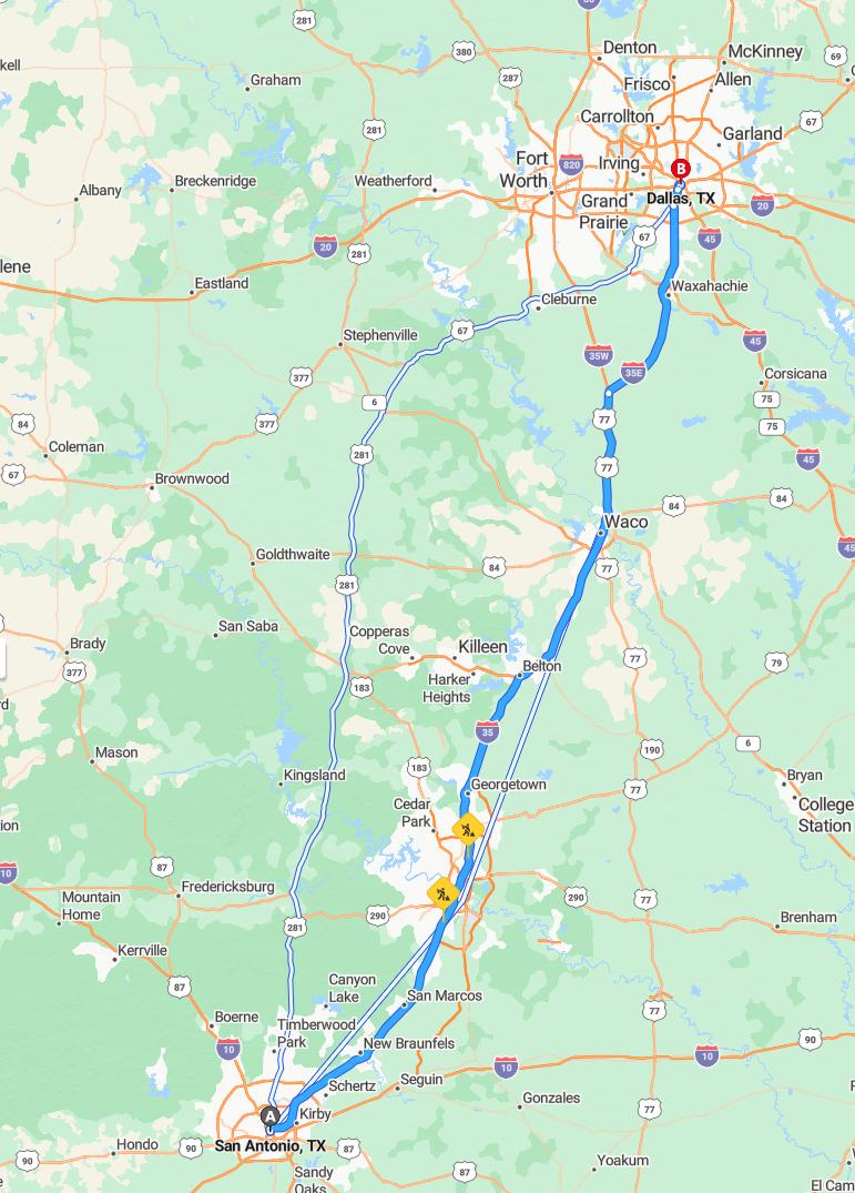 driving from San Antonio, Texas to DallasTexas - map and route