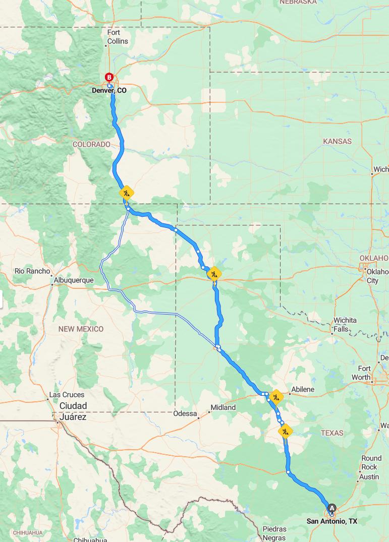 driving from San Antonio, Texas to DenverColorado - map and route