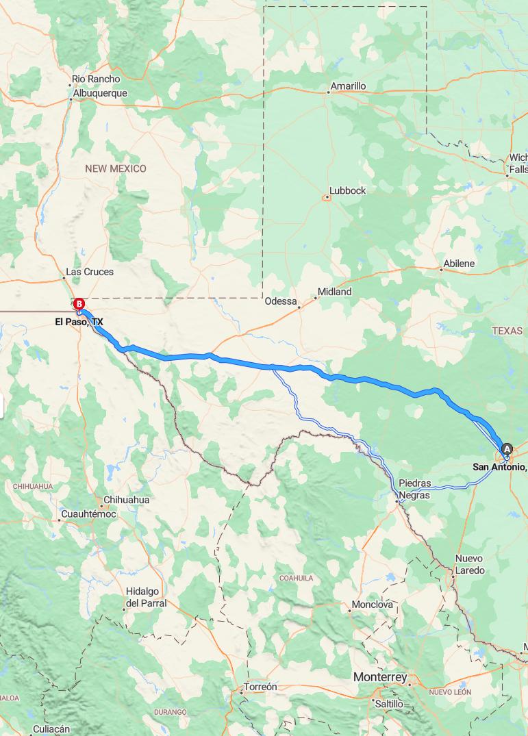 driving from San Antonio, Texas to El PasoTexas - map and route