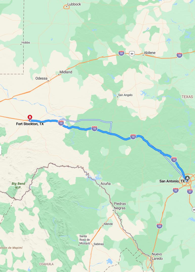 driving from San Antonio, Texas to Fort StocktonTexas - map and route