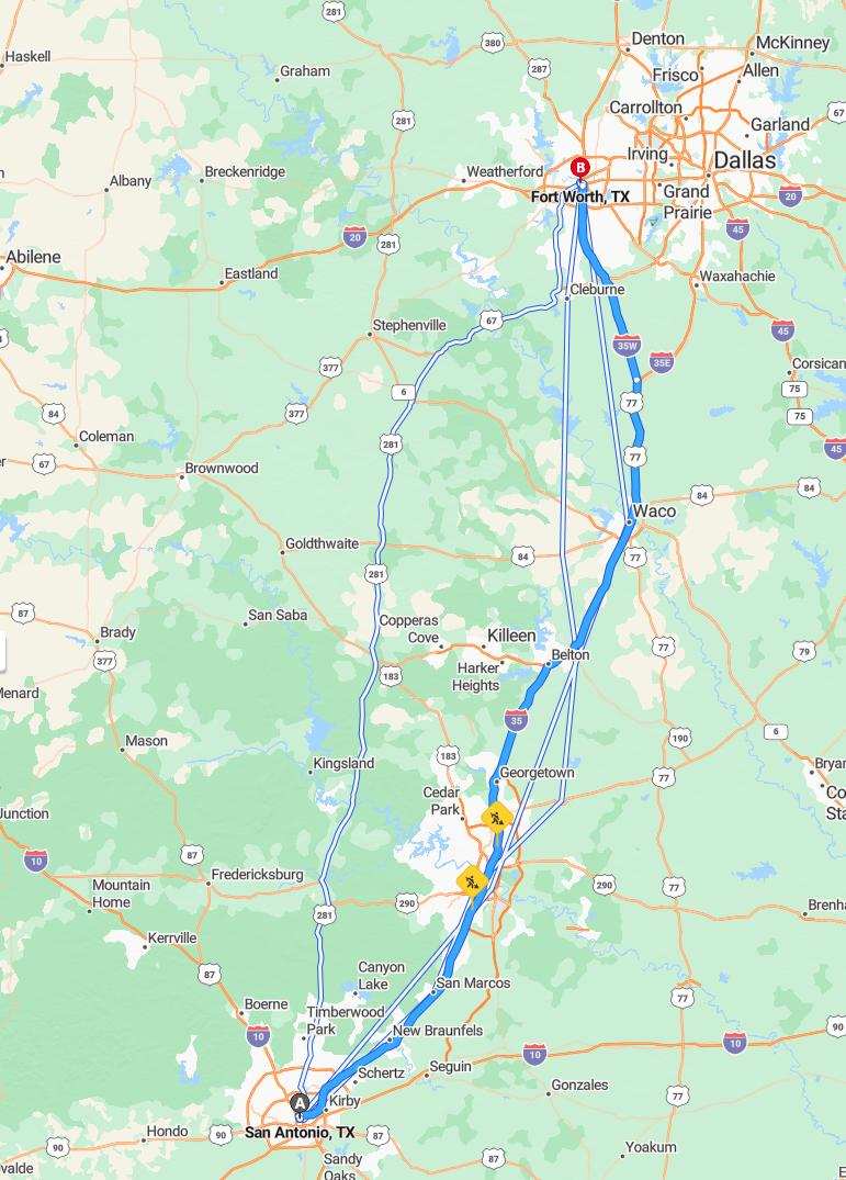driving from San Antonio, Texas to Fort WorthTexas - map and route