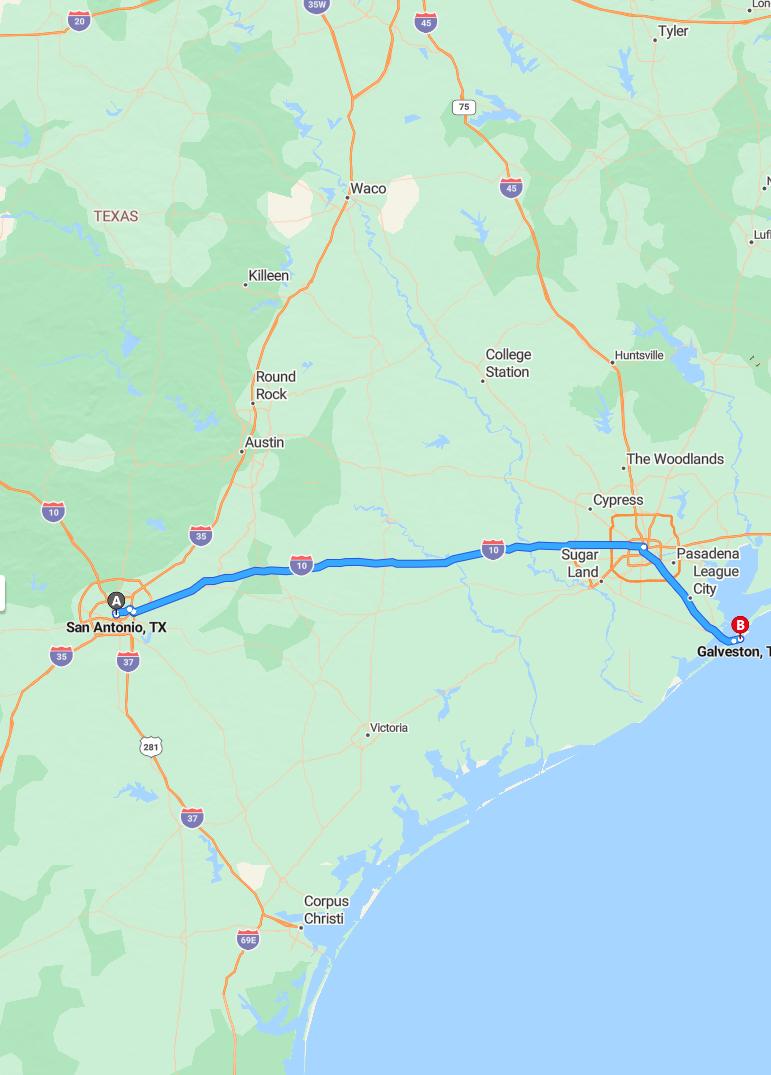 driving from San Antonio, Texas to GalvestonTexas - map and route