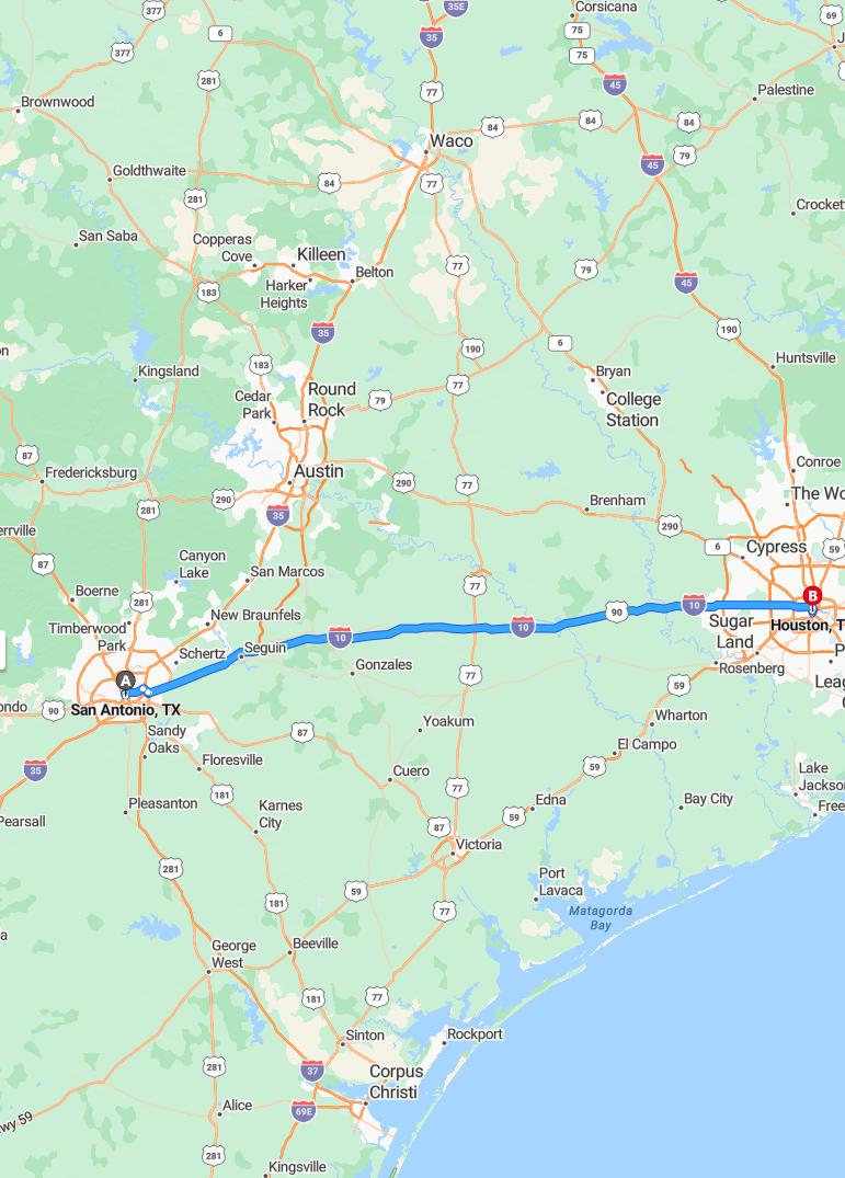 driving from San Antonio, Texas to HoustonTexas - map and route