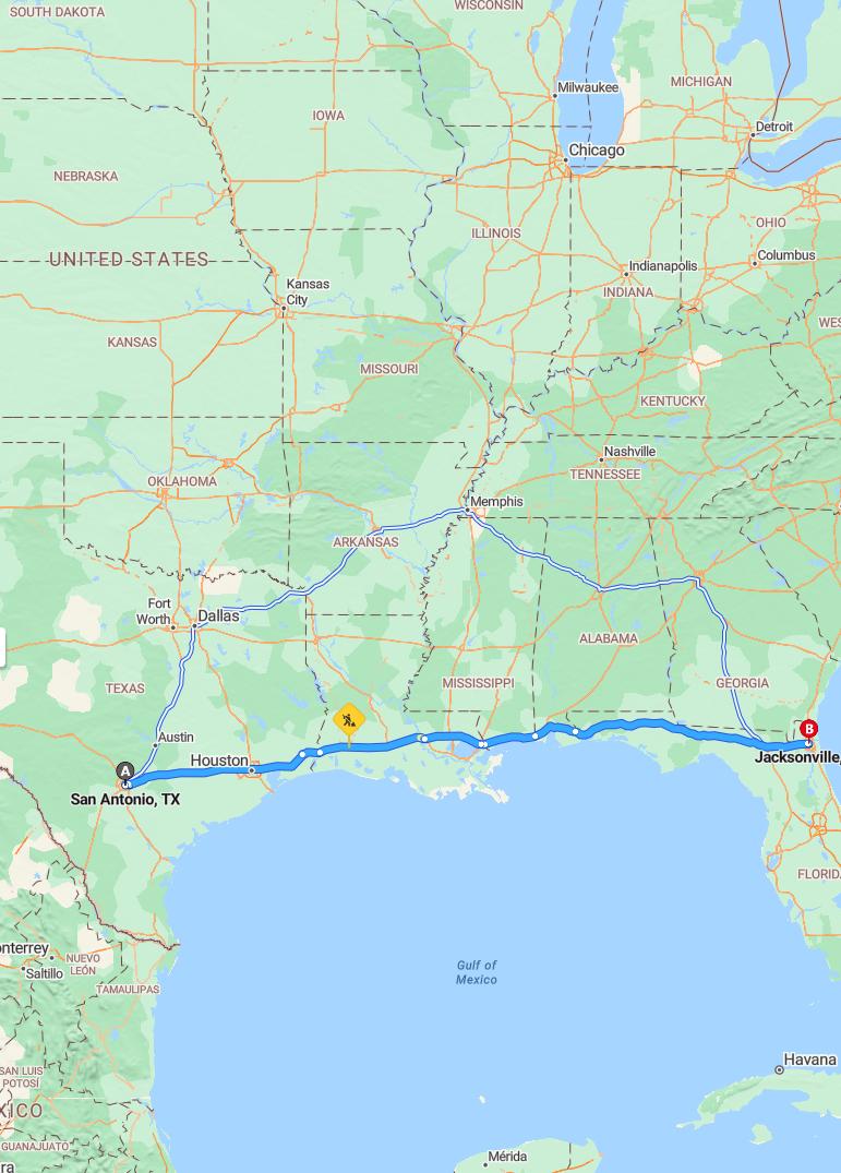 driving from San Antonio, Texas to JacksonvilleFlorida - map and route
