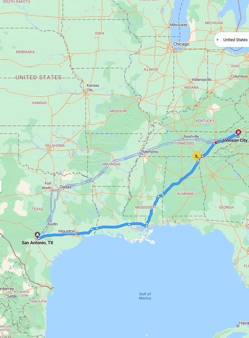 driving from San Antonio, Texas to Johnson CityTennessee - map and route