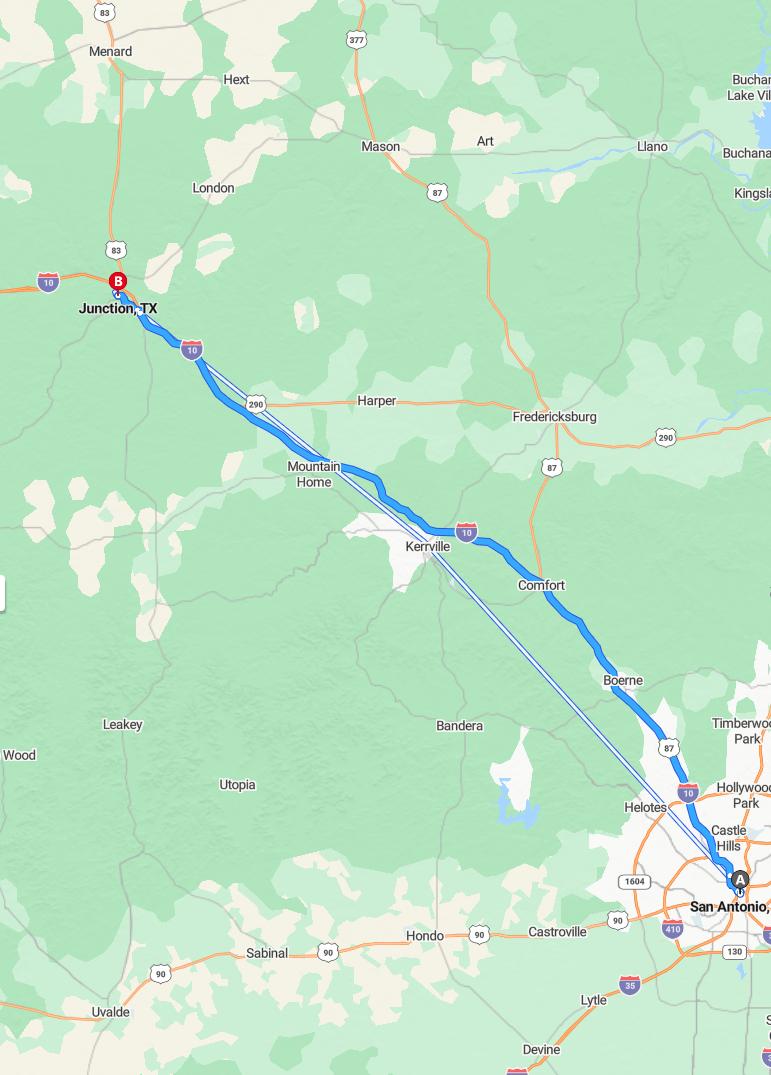 driving from San Antonio, Texas to JunctionTexas - map and route