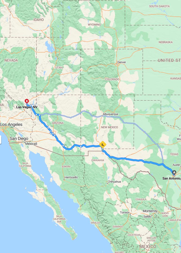 driving from San Antonio, Texas to Las VegasNevada - map and route