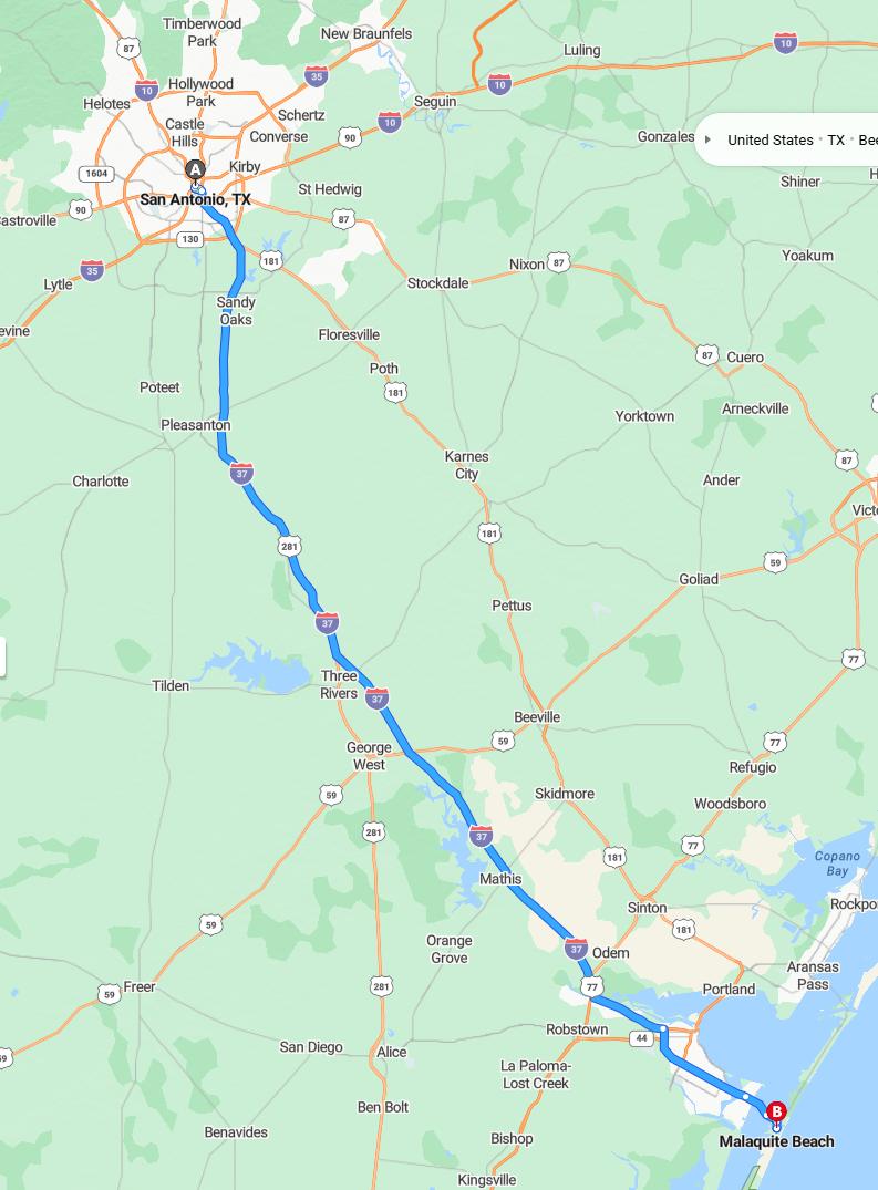 driving from San Antonio, Texas to Malaquite BeachTexas - map and route
