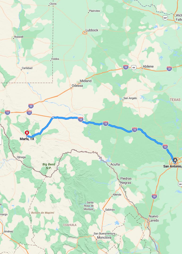 driving from San Antonio, Texas to MarfaTexas - map and route