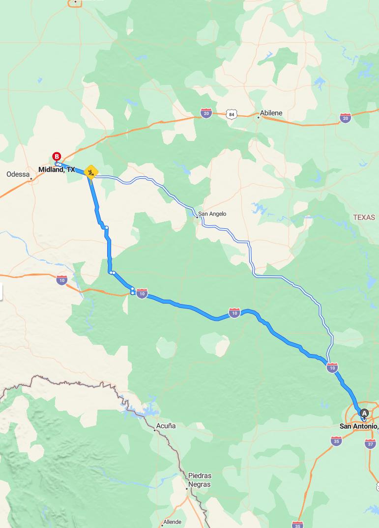 driving from San Antonio, Texas to MidlandTexas - map and route