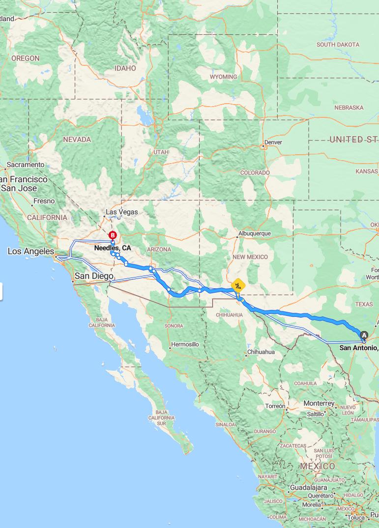 driving from San Antonio, Texas to NeedlesCalifornia - map and route