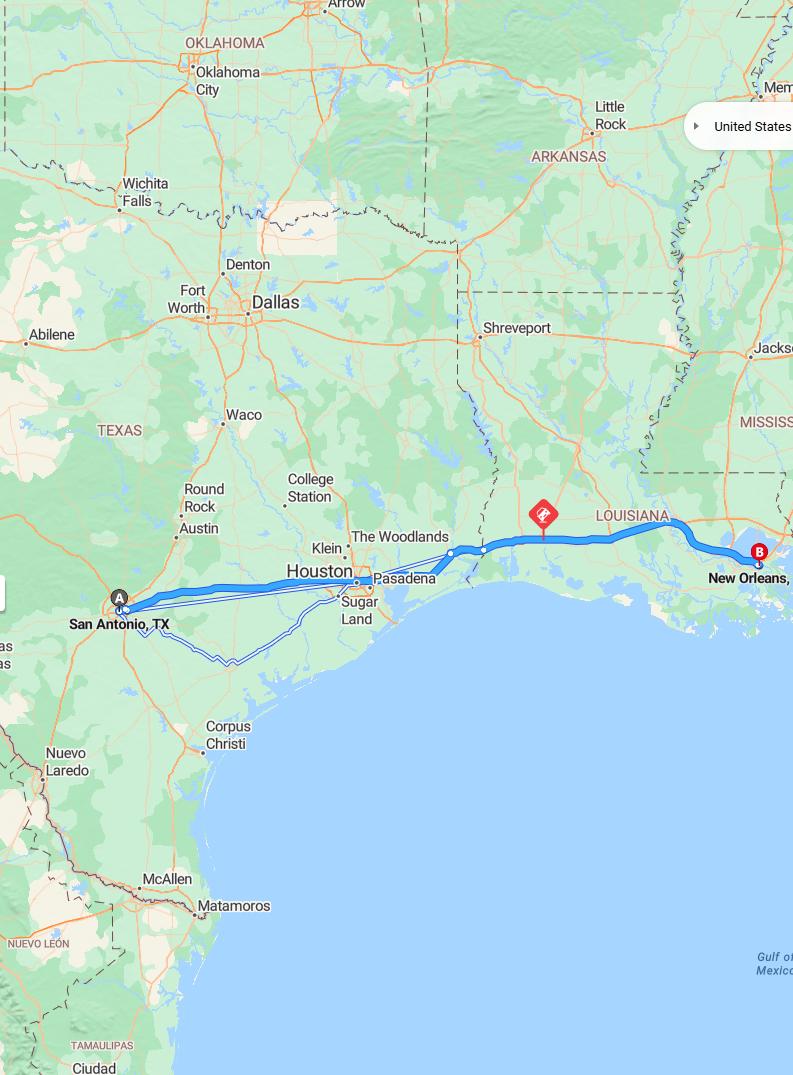 driving from San Antonio, Texas to New OrleansLouisiana - map and route