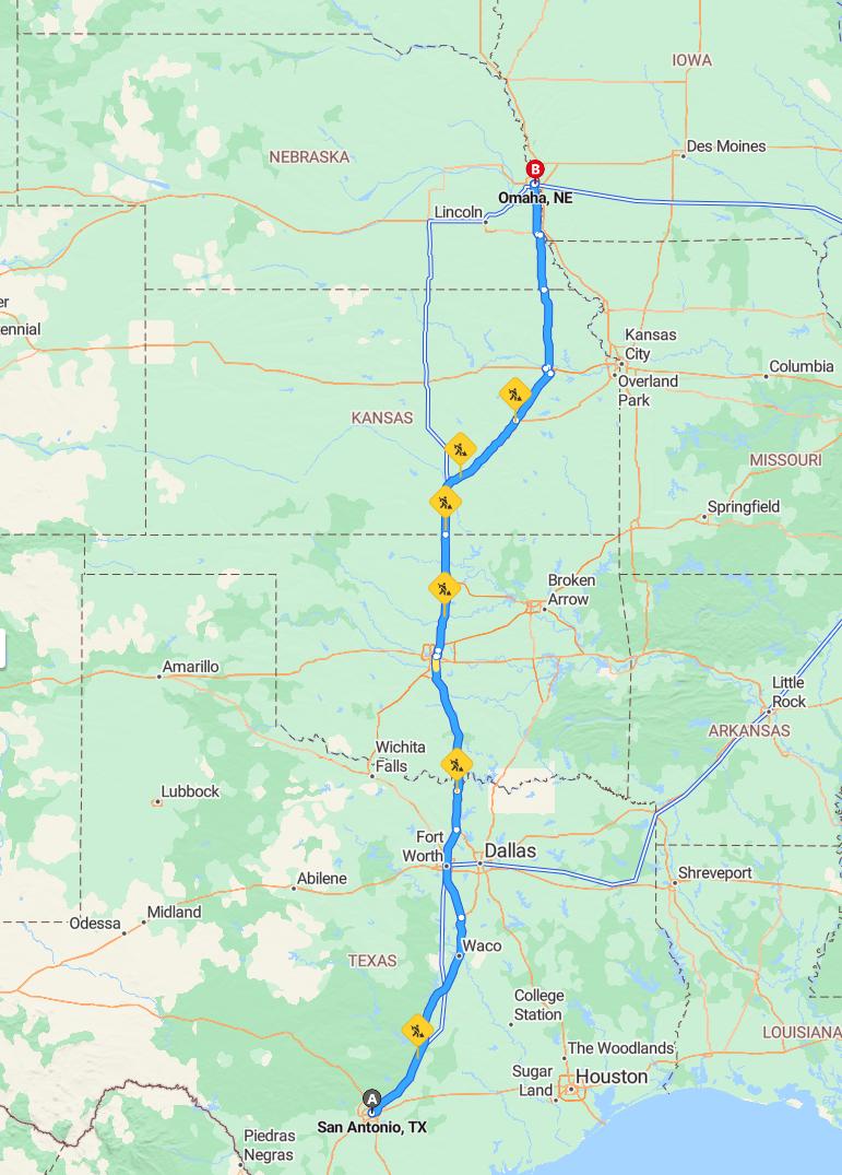 driving from San Antonio, Texas to OmahaNebraska - map and route