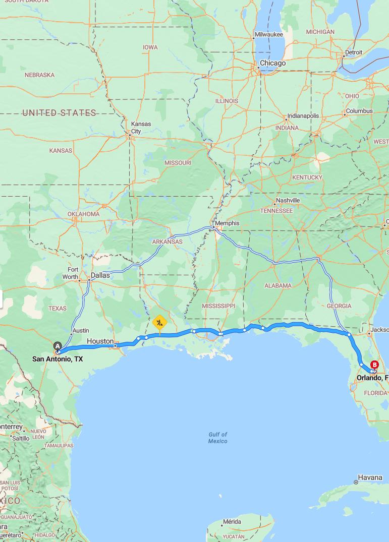 driving from San Antonio, Texas to OrlandoFlorida - map and route