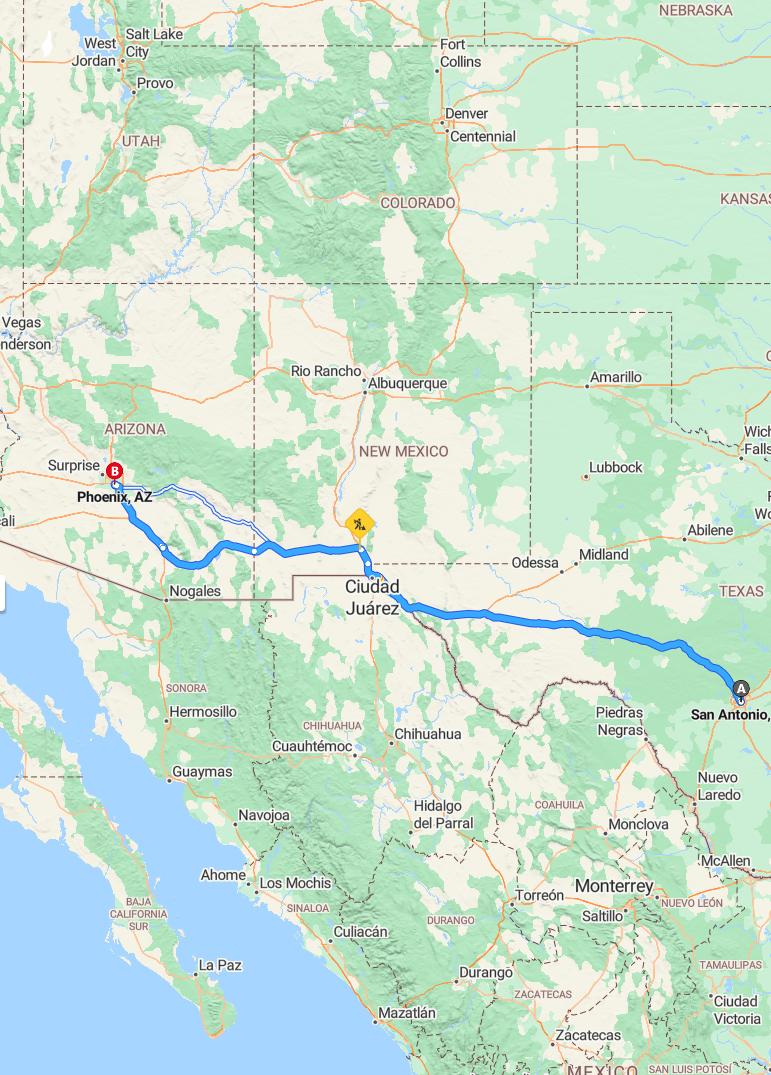 driving from San Antonio, Texas to PhoenixArizona - map and route