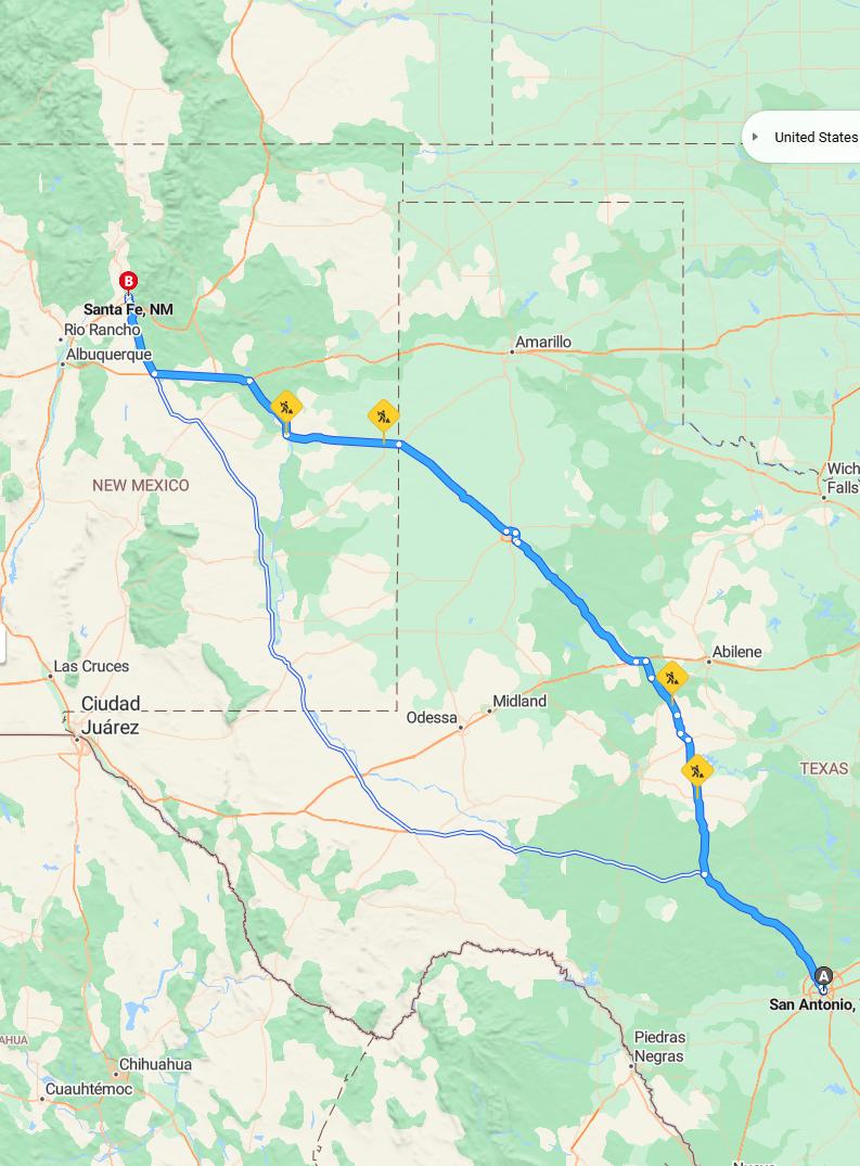 driving from San Antonio, Texas to Santa FeNew Mexico - map and route
