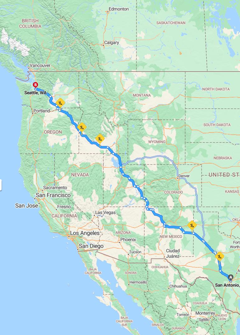 driving from San Antonio, Texas to SeattleWashington - map and route