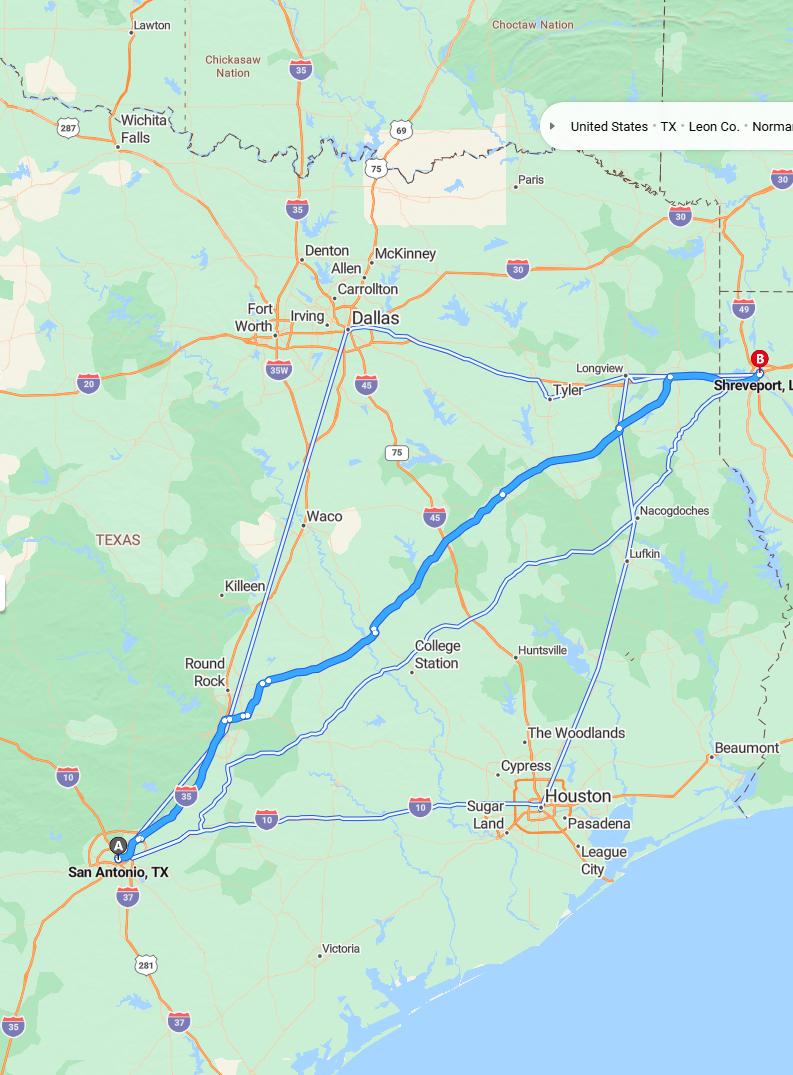driving from San Antonio, Texas to ShreveportLouisiana - map and route