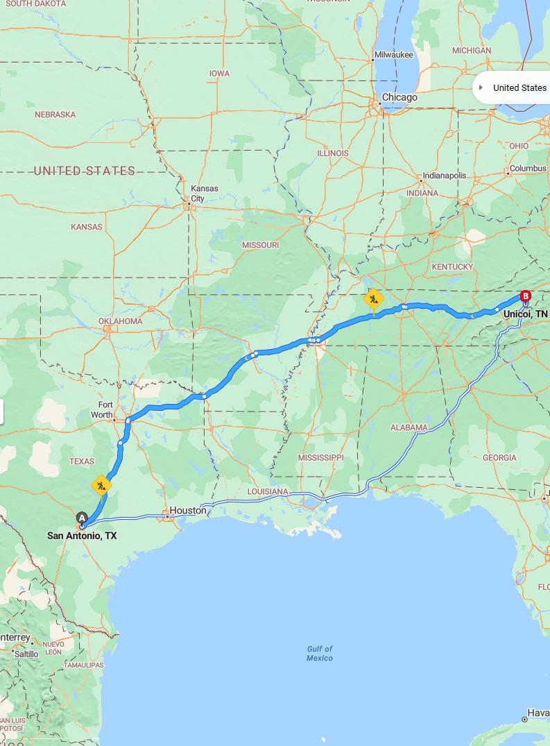 driving from San Antonio, Texas to UnicoiTennessee - map and route