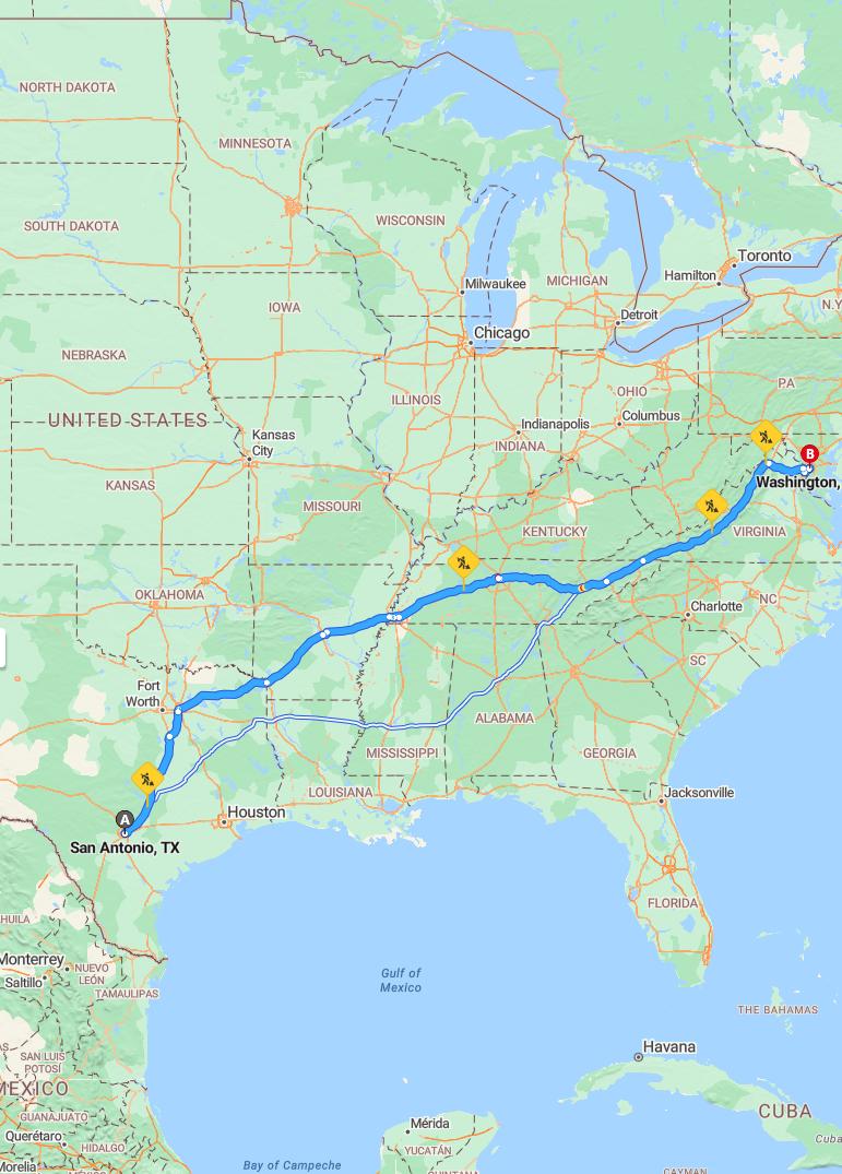 driving from San Antonio, Texas to WashingtonDistrict of Columbia - map and route