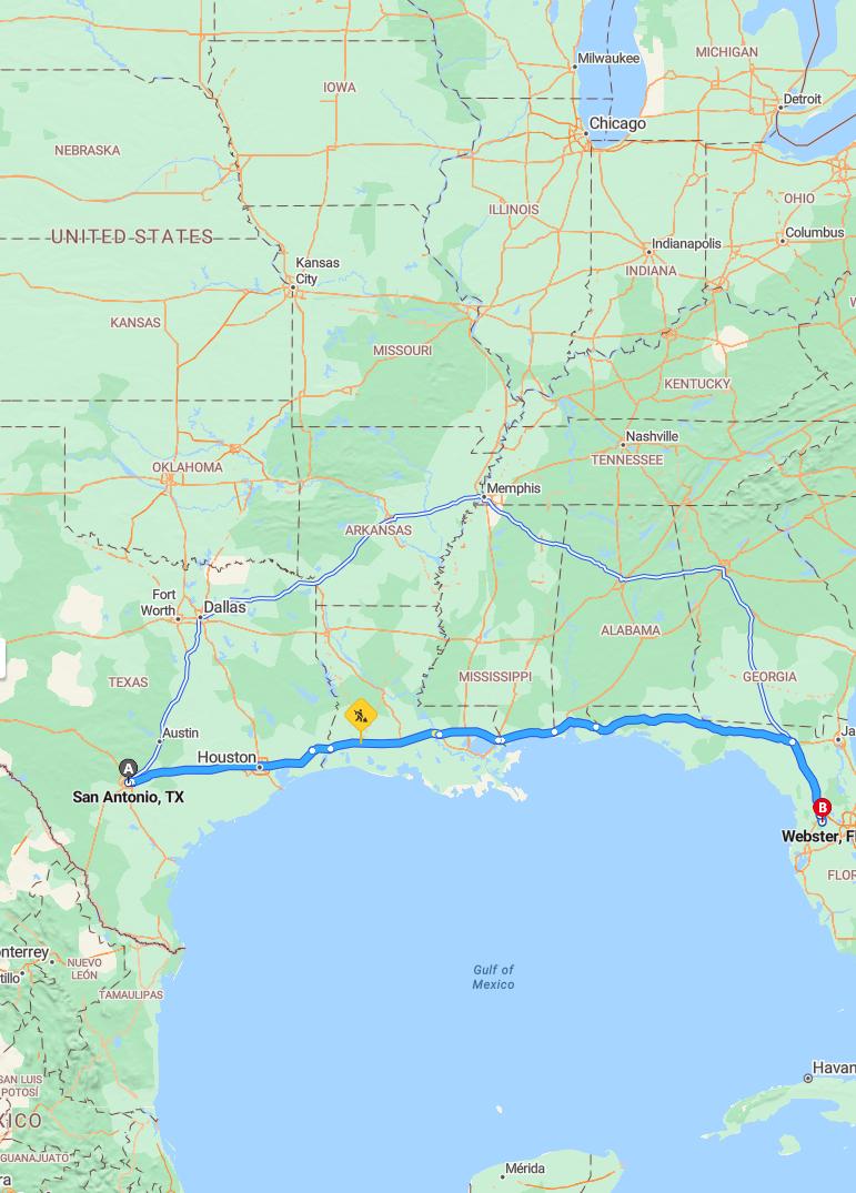 driving from San Antonio, Texas to WebsterFlorida - map and route