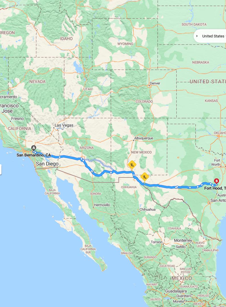 driving from San Bernardino, California to Fort HoodTexas - map and route