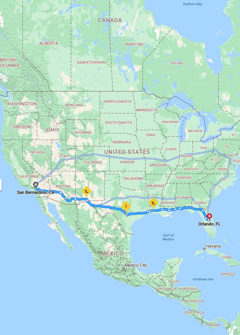 driving from San Bernardino, California to OrlandoFlorida - map and route