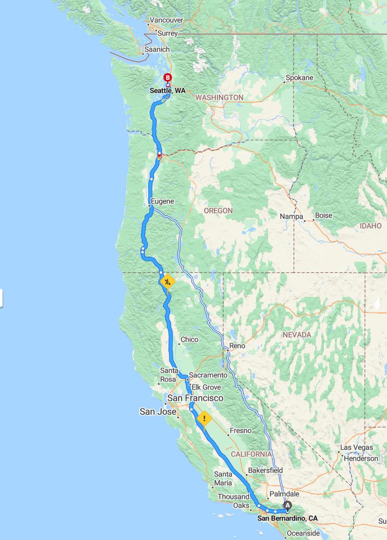 driving from San Bernardino, California to SeattleWashington - map and route