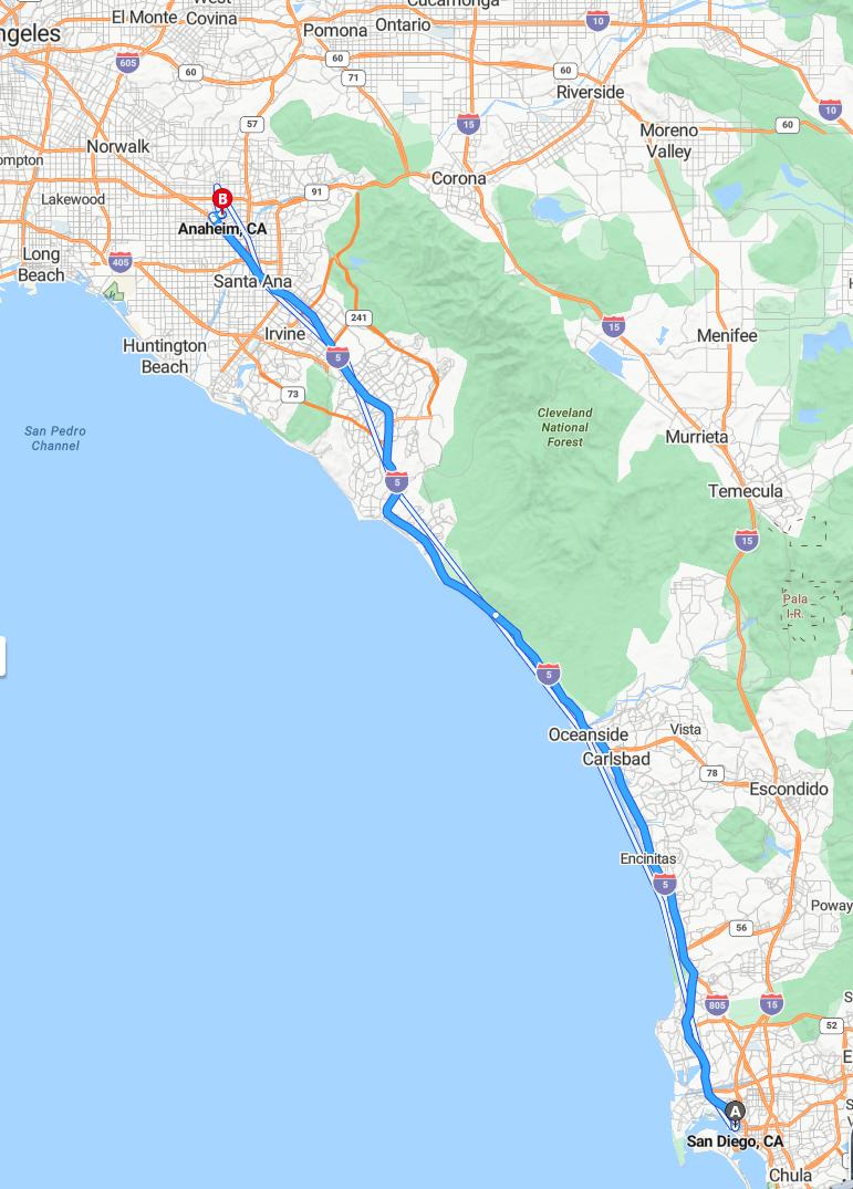 driving from San Diego, California to AnaheimCalifornia - map and route