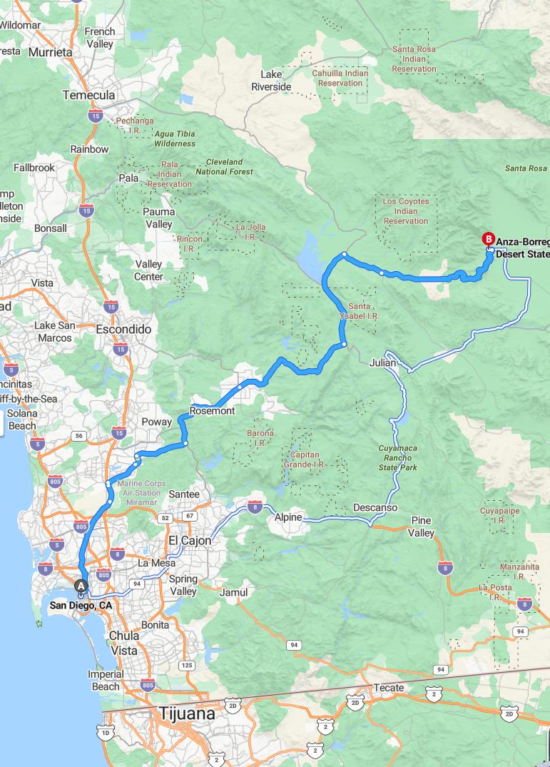 driving from San Diego, California to Anza-BorregoCalifornia - map and route