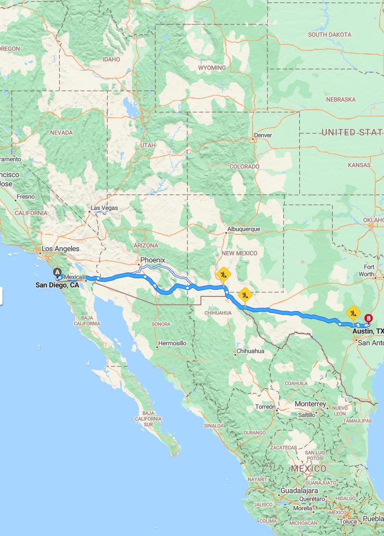 driving from San Diego, California to AustinTexas - map and route