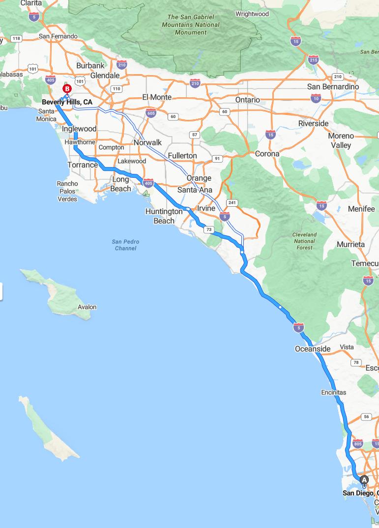 driving from San Diego, California to Beverly HillsCalifornia - map and route