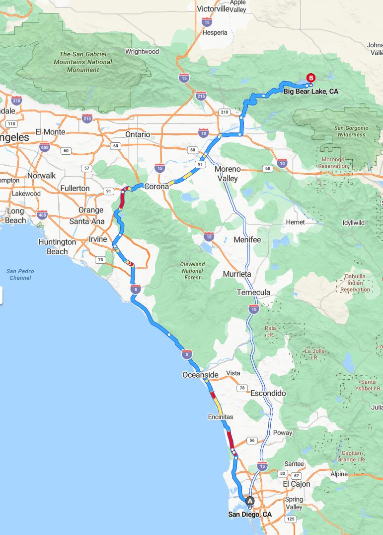 driving from San Diego, California to Big BearCalifornia - map and route