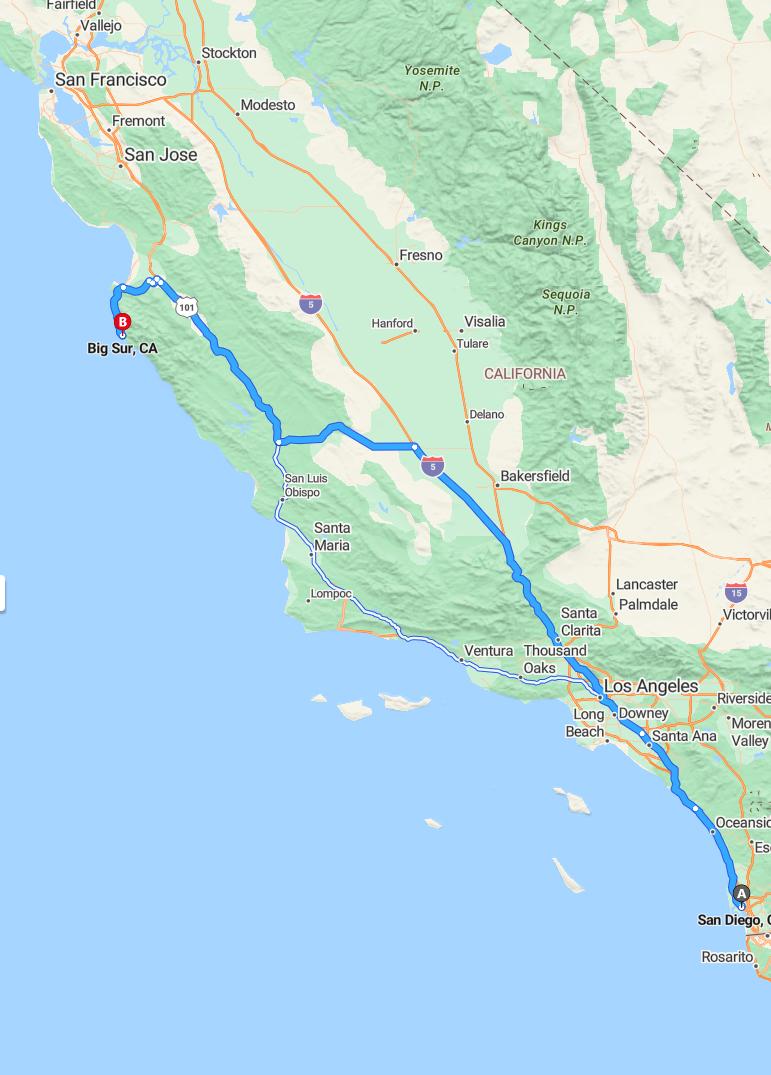 driving from San Diego, California to Big SurCalifornia - map and route