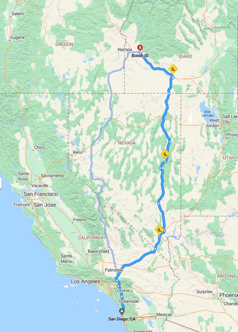 driving from San Diego, California to BoiseIdaho - map and route