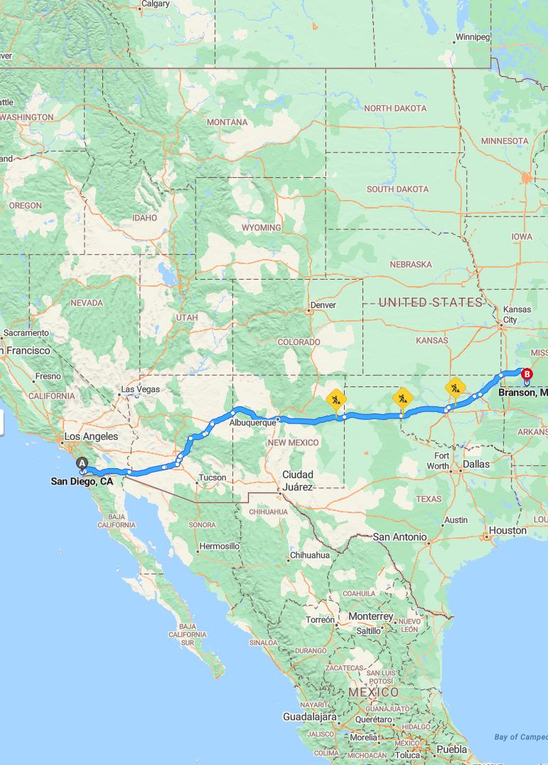 driving from San Diego, California to BransonMissouri - map and route
