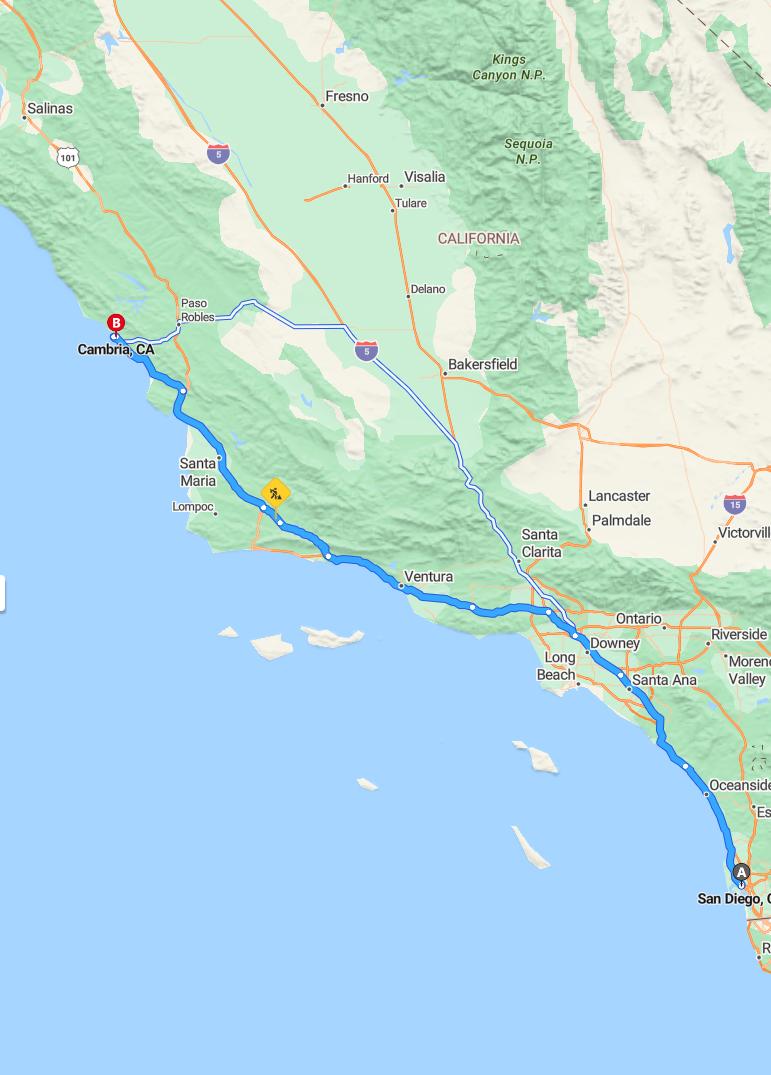 driving from San Diego, California to CambriaCalifornia - map and route